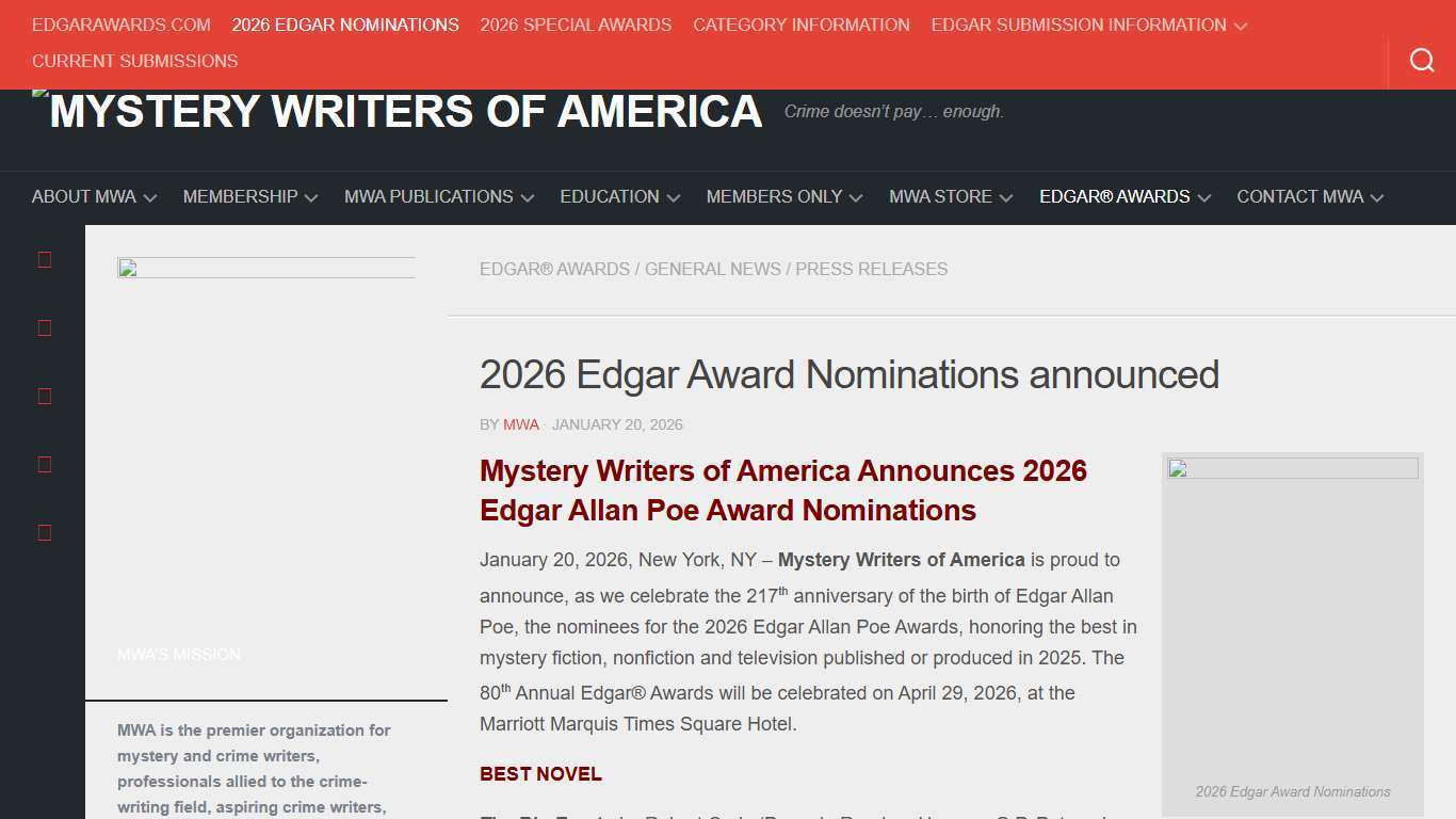 2026 Edgar Award Nominations announced - Mystery Writers of America %